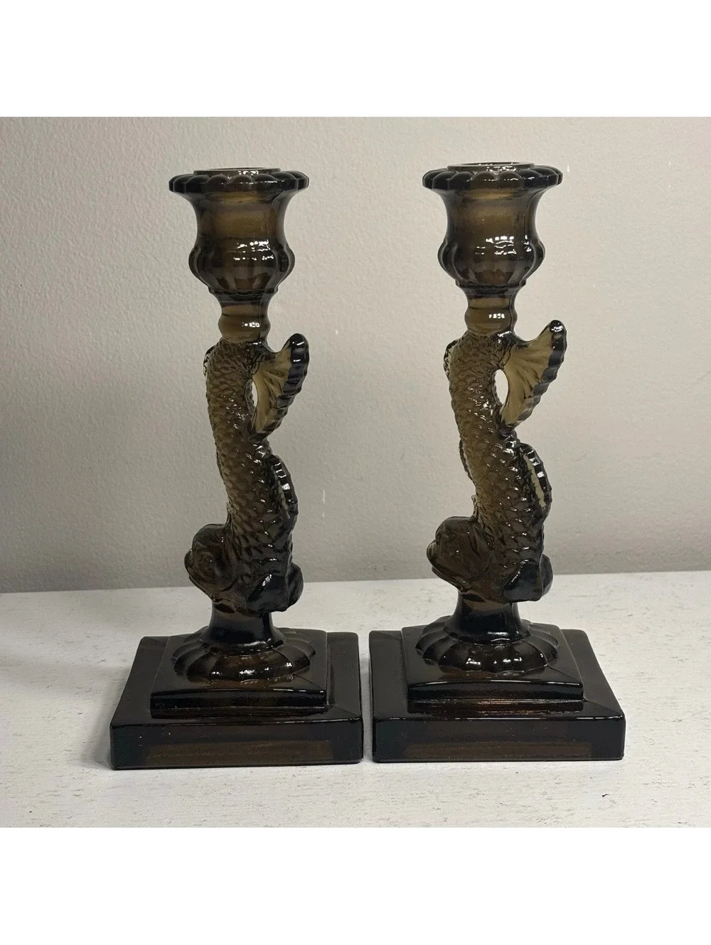 Vintage Imperial Nut Brown Dolphin/Koi Fish Candle Holders set of 2